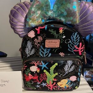 Sebastian and flounder NWT mini backpack + mermaid hair don’t care ears EUC